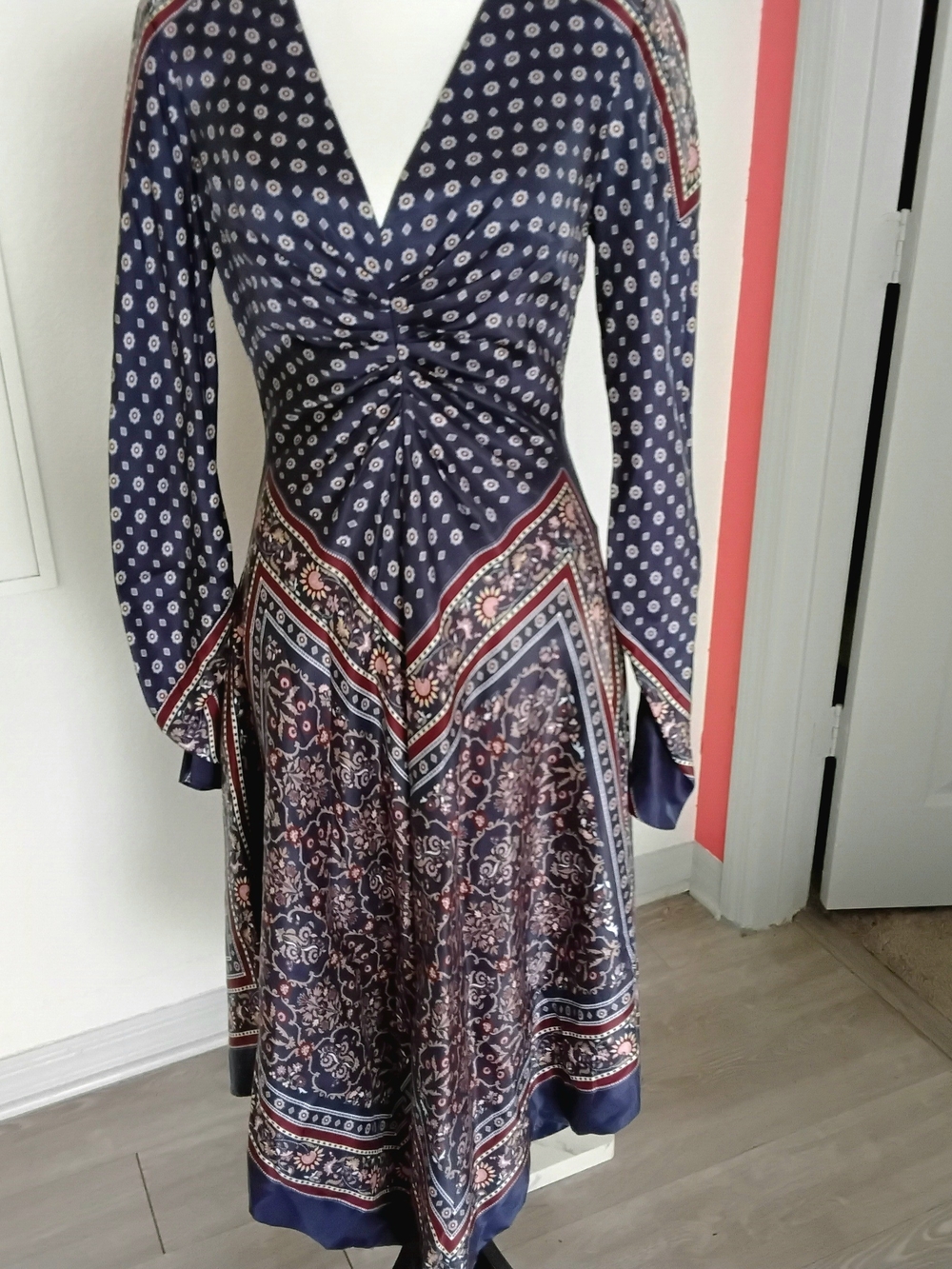 Jonathan Simkhai Navy Printed Long-Sleeve V-Neck Midi Dress